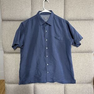 Van Heusen Mens Short Sleeve Blue Striped Button Up Dress Shirt L